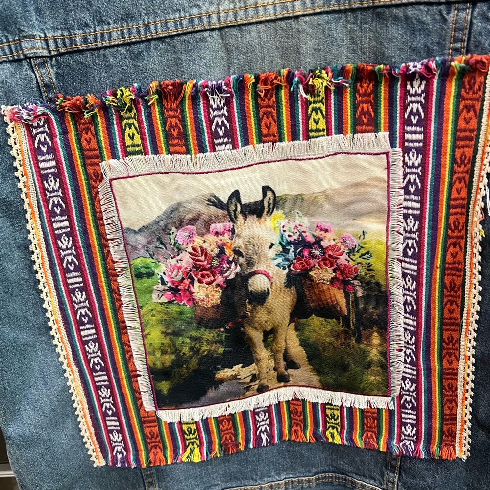 C&A Custom Boho Denim Jacket Embroidered Western Donkey Patch One of a Kind - Picture 8 of 11